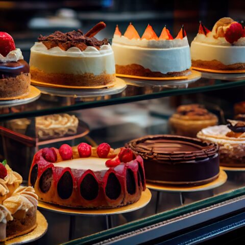 homemade cakes and pastries in pastry shop