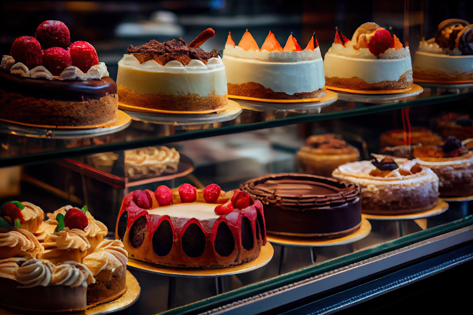 homemade cakes and pastries in pastry shop